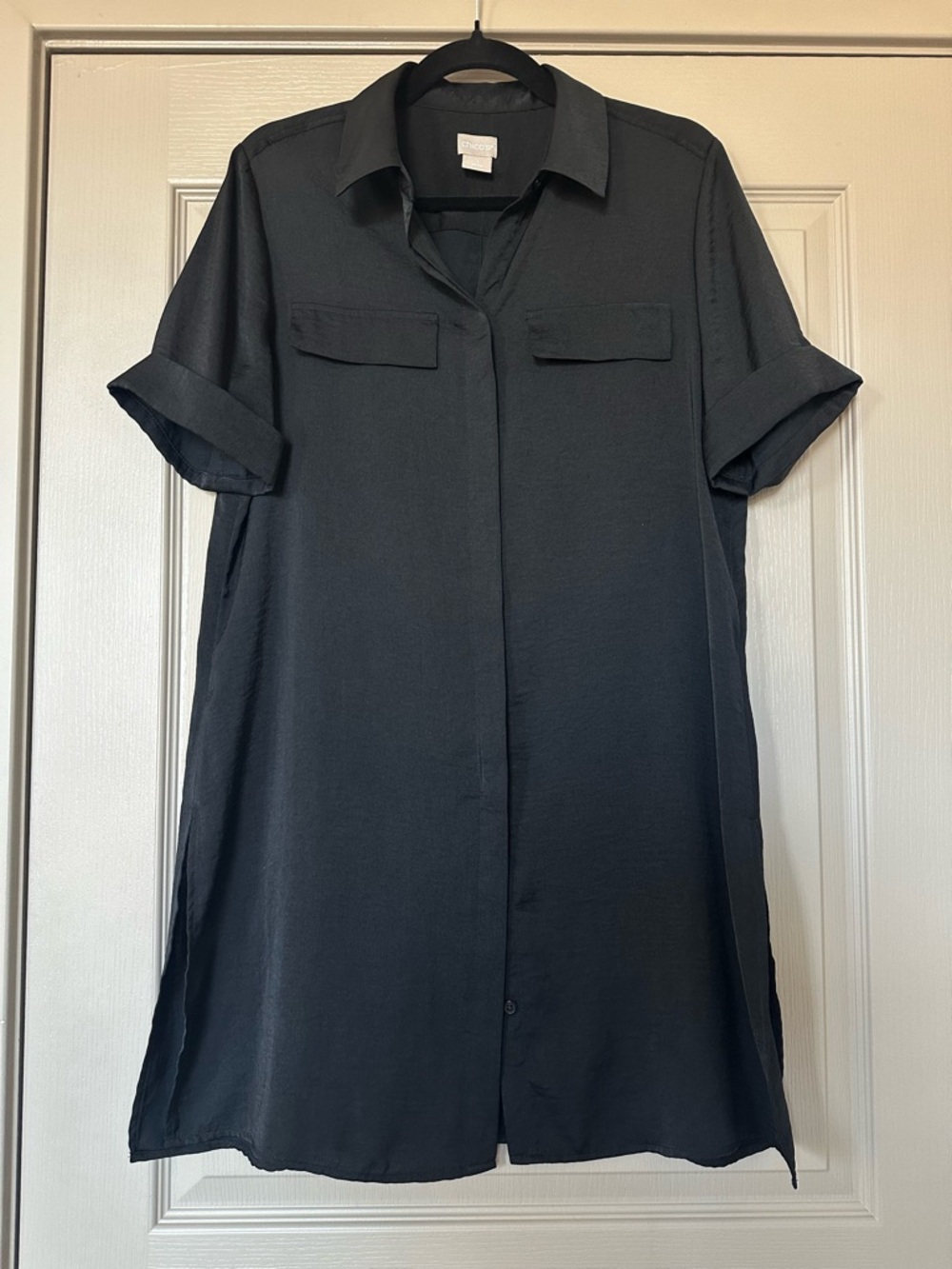 Chico’s Black Button Front Tunic Shirt Size 1 Short Sleeve Lightweight - Picture 2 of 12